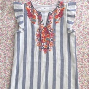 THML Embroidered Striped Chambray Boho Flutter Sleeve Dress S NWOT